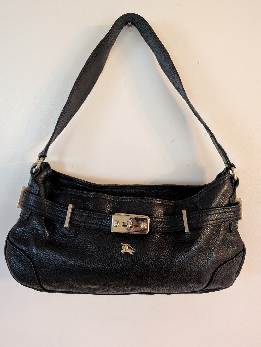 Vintage Burberry Prosum Black Pebbled Leather Shoulder Bag